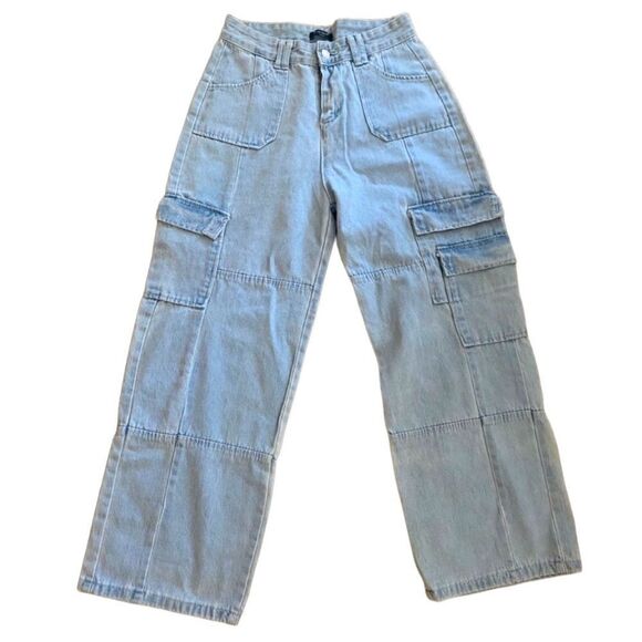 Caroline Studio Light Wash High Waist Cargo Pants Wide Leg Size Large - Picture 1 of 5